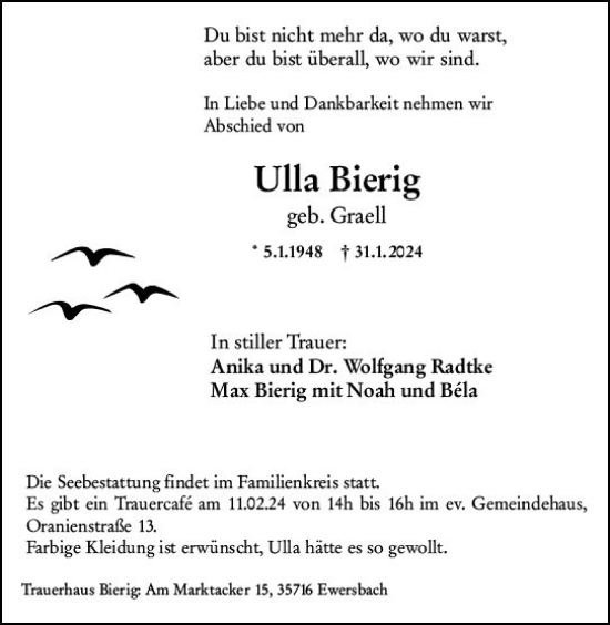 Traueranzeige von Ulla Bierig von Dill Block
