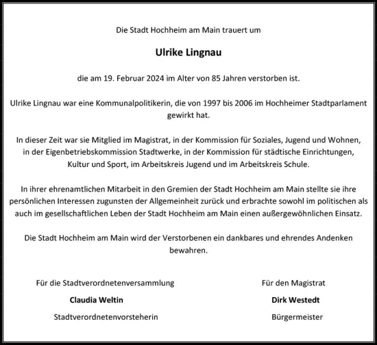 Traueranzeige von Ulrike Lingnau von Hochheimer Zeitung
