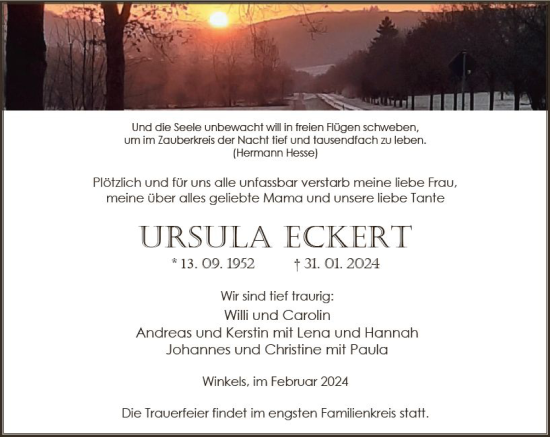 Traueranzeige von Ursula Eckert von Weilburger Tageblatt