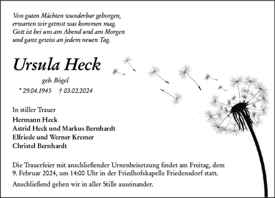 Traueranzeige von Ursula Heck von Hinterländer Anzeiger