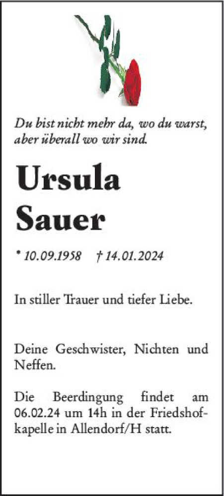 Traueranzeige von Ursula Sauer von Hinterländer Anzeiger
