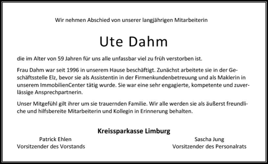 Traueranzeige von Ute Dahm von Nassauische Neue Presse