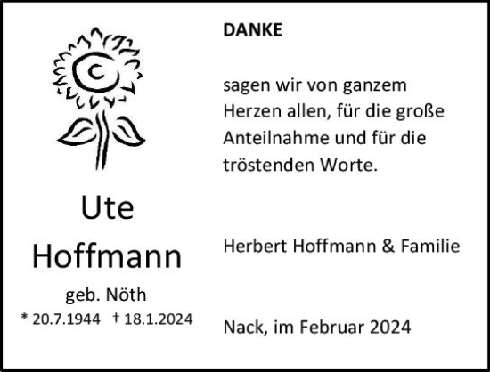 Traueranzeige von Ute Hoffmann von Allgemeine Zeitung Alzey