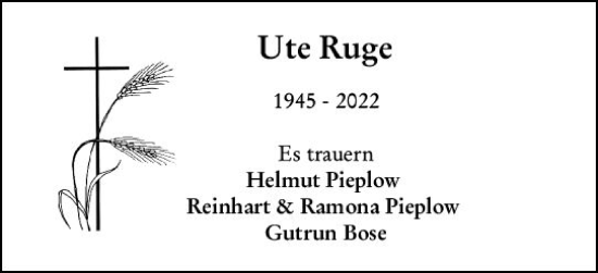 Traueranzeige von Ute Ruge von Darmstädter Echo