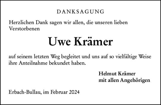 Traueranzeige von Uwe Krämer von Odenwälder Echo