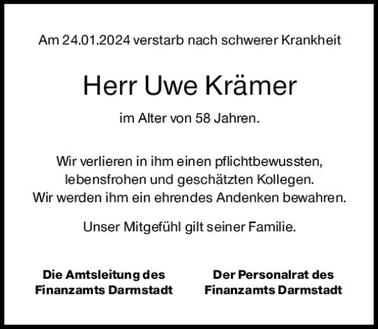 Traueranzeige von Uwe Krämer von Darmstädter Echo