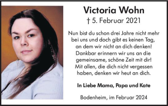 Traueranzeige von Victoria Wohn von Allgemeine Zeitung Mainz