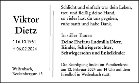 Traueranzeige von Viktor Dietz von Hinterländer Anzeiger