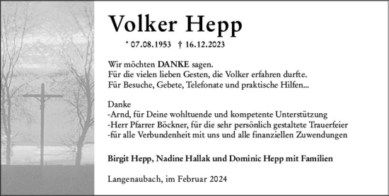 Traueranzeige von Volker Hepp von Dill Block