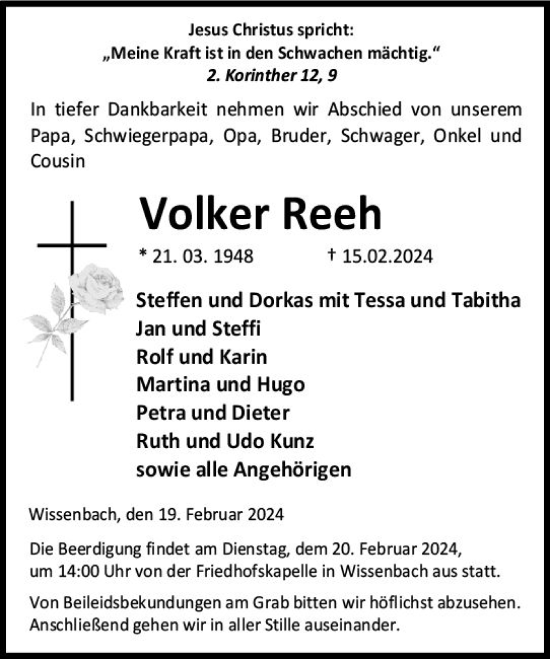 Traueranzeige von Volker Reeh von Dill Block