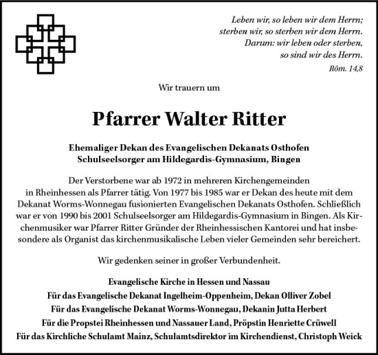 Traueranzeige von Walter Ritter von Allgemeine Zeitung Bingen/Ingelheim