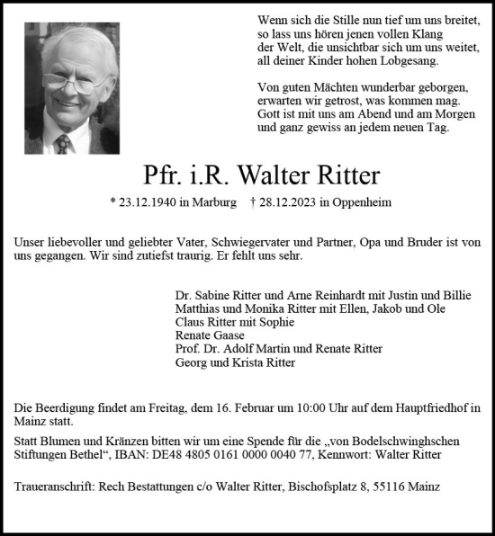Traueranzeige von Walter Ritter von Allgemeine Zeitung Mainz
