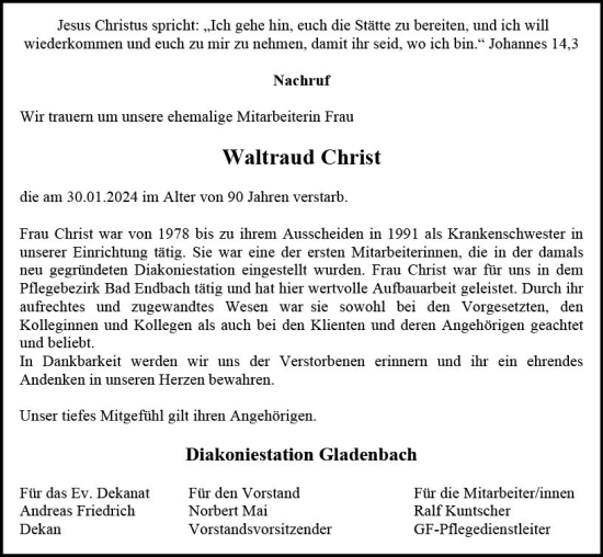 Traueranzeige von Waltraud Christ von Hinterländer Anzeiger