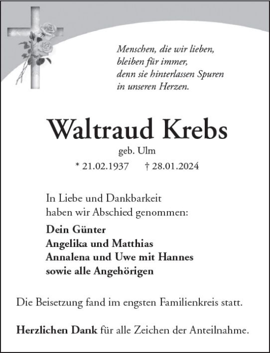 Traueranzeige von Waltraud Krebs von Wetzlarer Neue Zeitung