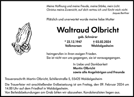 Traueranzeige von Waltraud Olbricht von Allgemeine Zeitung Bingen/Ingelheim