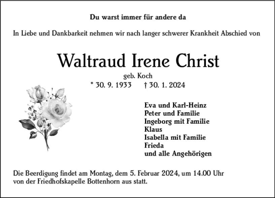 Traueranzeige von Waltraud Irene Christ von Hinterländer Anzeiger