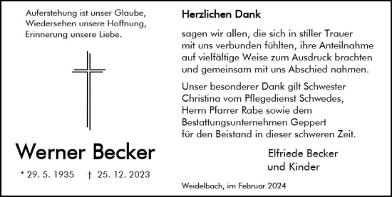 Traueranzeige von Werner Becker von Dill Block