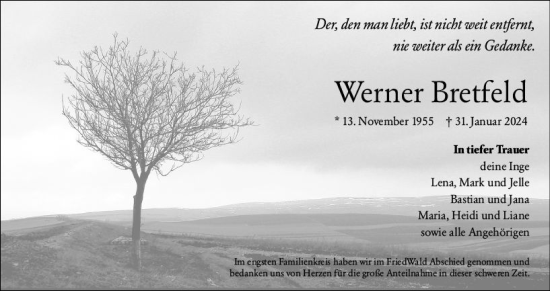 Traueranzeige von Werner Bretfeld von Wetzlarer Neue Zeitung