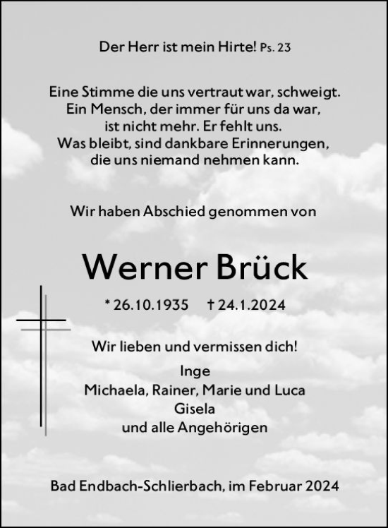 Traueranzeige von Werner Brück von Hinterländer Anzeiger
