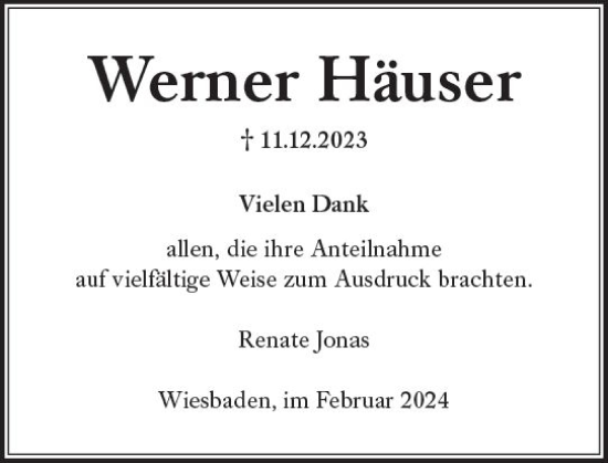 Traueranzeige von Werner Häuser von Wiesbadener Kurier