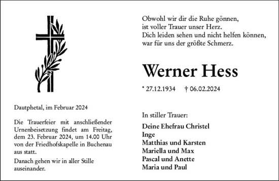 Traueranzeige von Werner Hess von Hinterländer Anzeiger