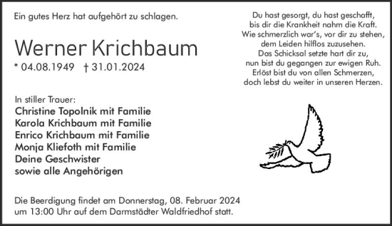Traueranzeige von Werner Krichbaum von Darmstädter Echo