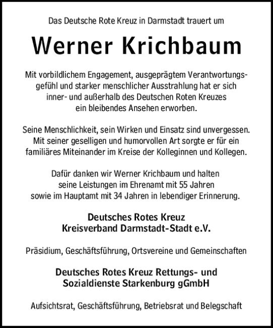 Traueranzeige von Werner Krichbaum von Darmstädter Echo