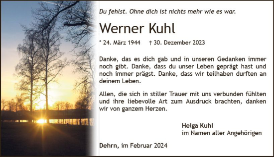 Traueranzeige von Werner Kuhl von Nassauische Neue Presse
