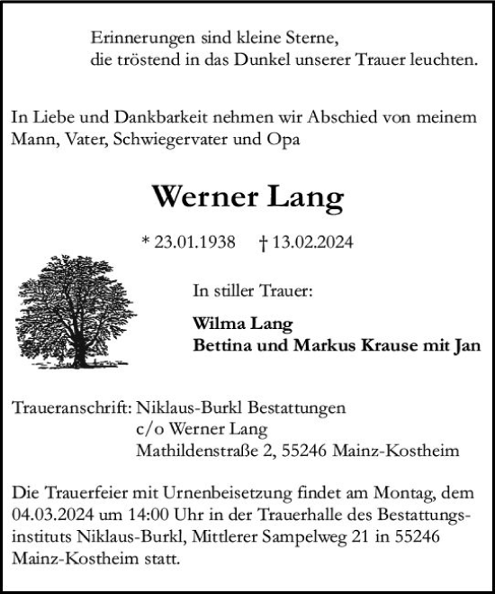 Traueranzeige von Werner Lang von Allgemeine Zeitung Mainz