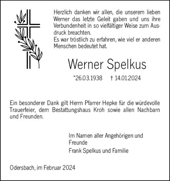 Traueranzeige von Werner Spelkus von Weilburger Tageblatt