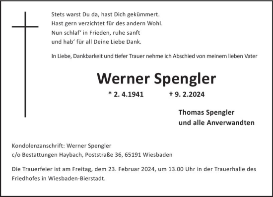 Traueranzeige von Werner Spengler von Wiesbadener Kurier