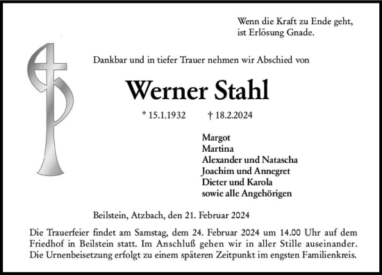 Traueranzeige von Werner Stahl von Dill Block