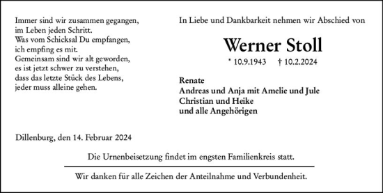 Traueranzeige von Werner Stoll von Dill Block