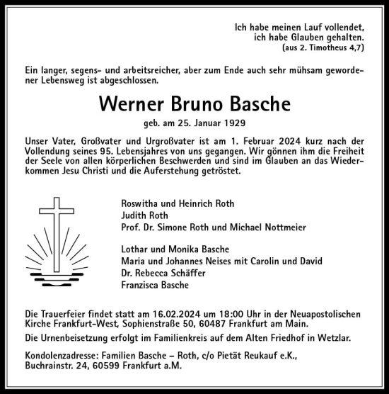 Traueranzeige von Werner Bruno Basche von Wetzlarer Neue Zeitung
