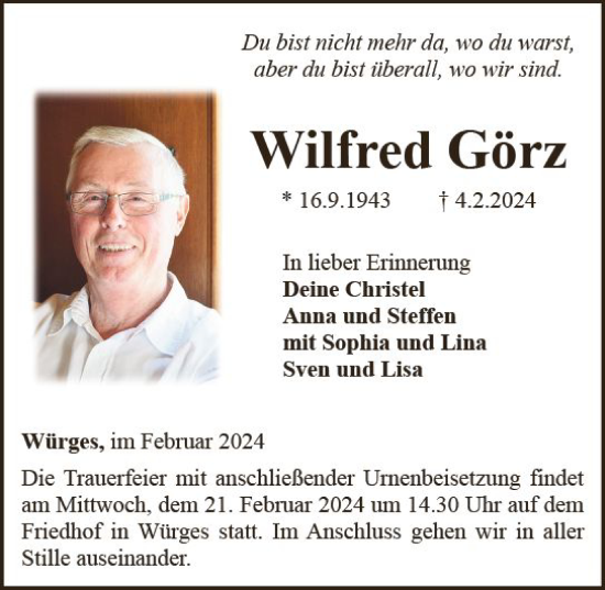 Traueranzeige von Wilfred Görz von Camberger Anzeiger