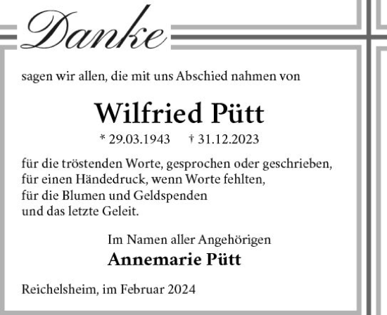 Traueranzeige von Wilfried Pütt von Odenwälder Echo