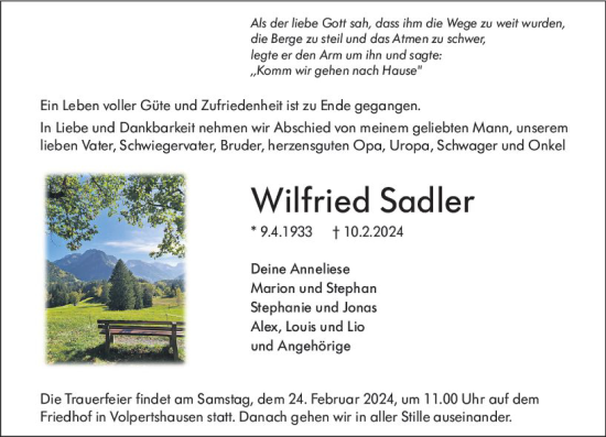 Traueranzeige von Wilfried Sadler von Wetzlarer Neue Zeitung