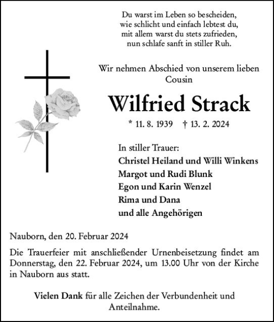 Traueranzeige von Wilfried Strack von Wetzlarer Neue Zeitung