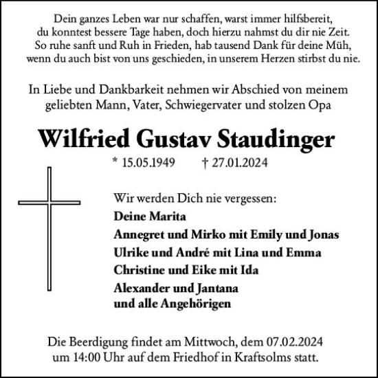 Traueranzeige von Wilfried Gustav Staudinger von Wetzlarer Neue Zeitung
