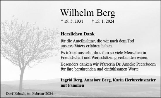 Traueranzeige von Wilhelm Berg von Odenwälder Echo