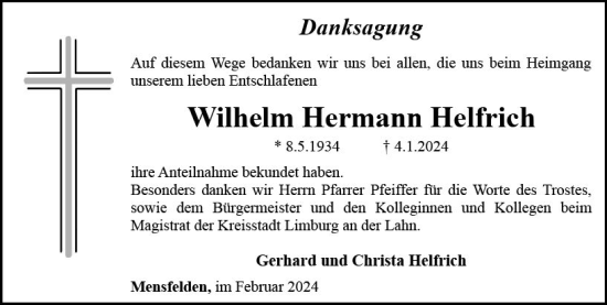 Traueranzeige von Wilhelm Hermann Helfrich von Nassauische Neue Presse