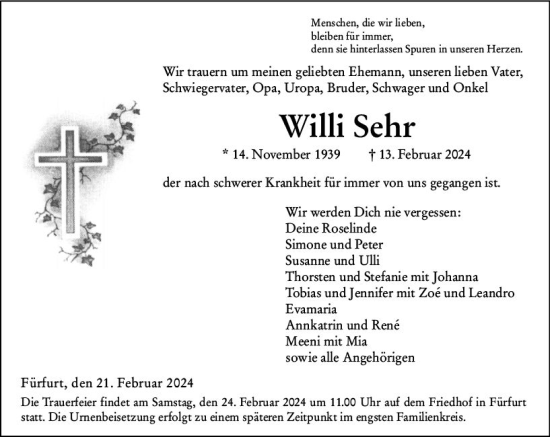 Traueranzeige von Willi Sehr von Weilburger Tageblatt