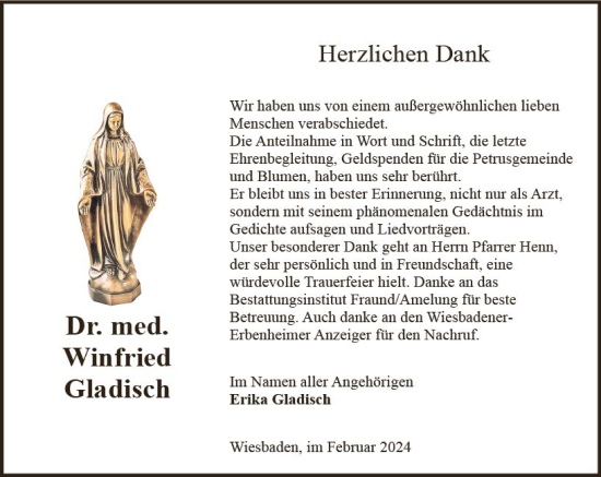 Traueranzeige von Winfried Gladisch von Wiesbadener Kurier