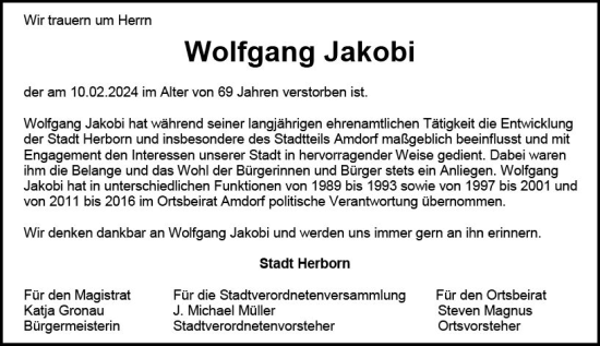 Traueranzeige von Wolfgang Jakobi von Dill Block