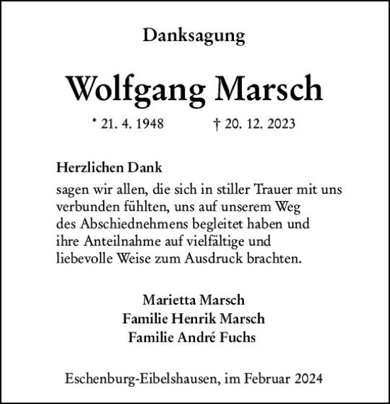 Traueranzeige von Wolfgang Marsch von Dill Block