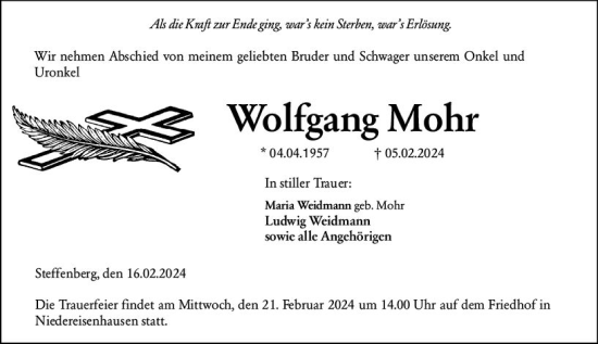 Traueranzeige von Wolfgang Mohr von Hinterländer Anzeiger