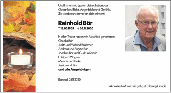 Traueranzeige von Reinhold Bär von Dill Block