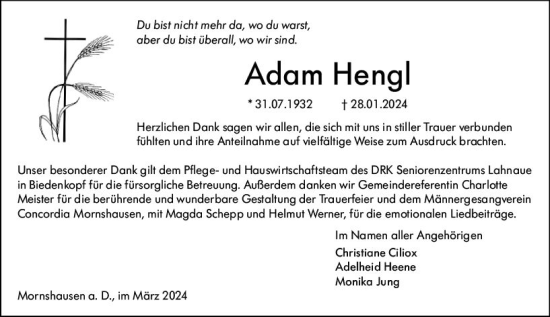 Traueranzeige von Adam Hengl von Hinterländer Anzeiger