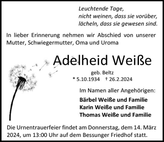 Traueranzeige von Adelheid Weiße von Darmstädter Echo
