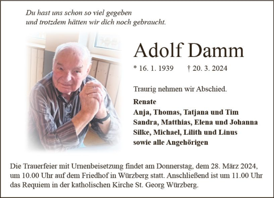 Traueranzeige von Adolf Damm von Odenwälder Echo